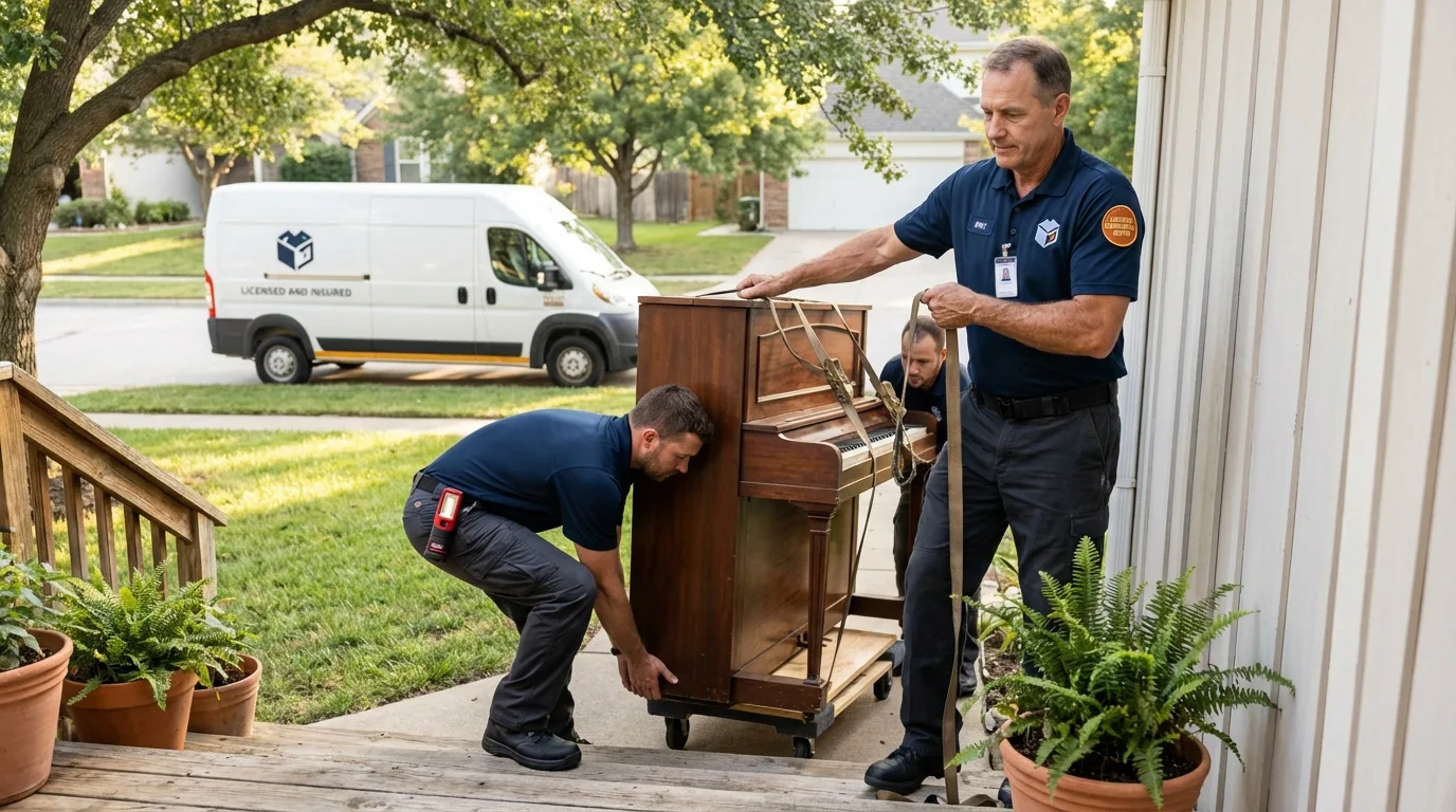 Licensed piano movers securing grand piano in Bradner, OH