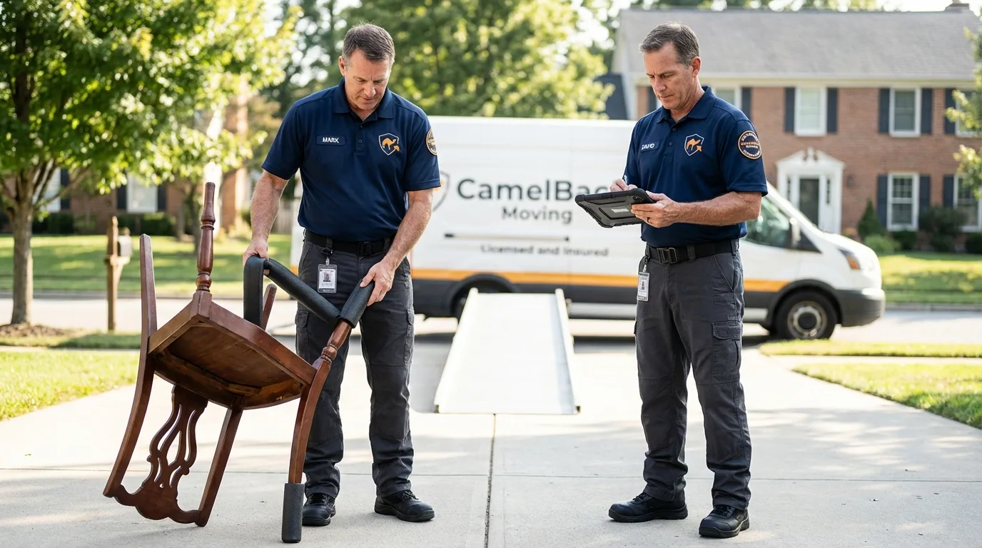Movers inspecting furniture for damage prevention before loading in Bradner, OH