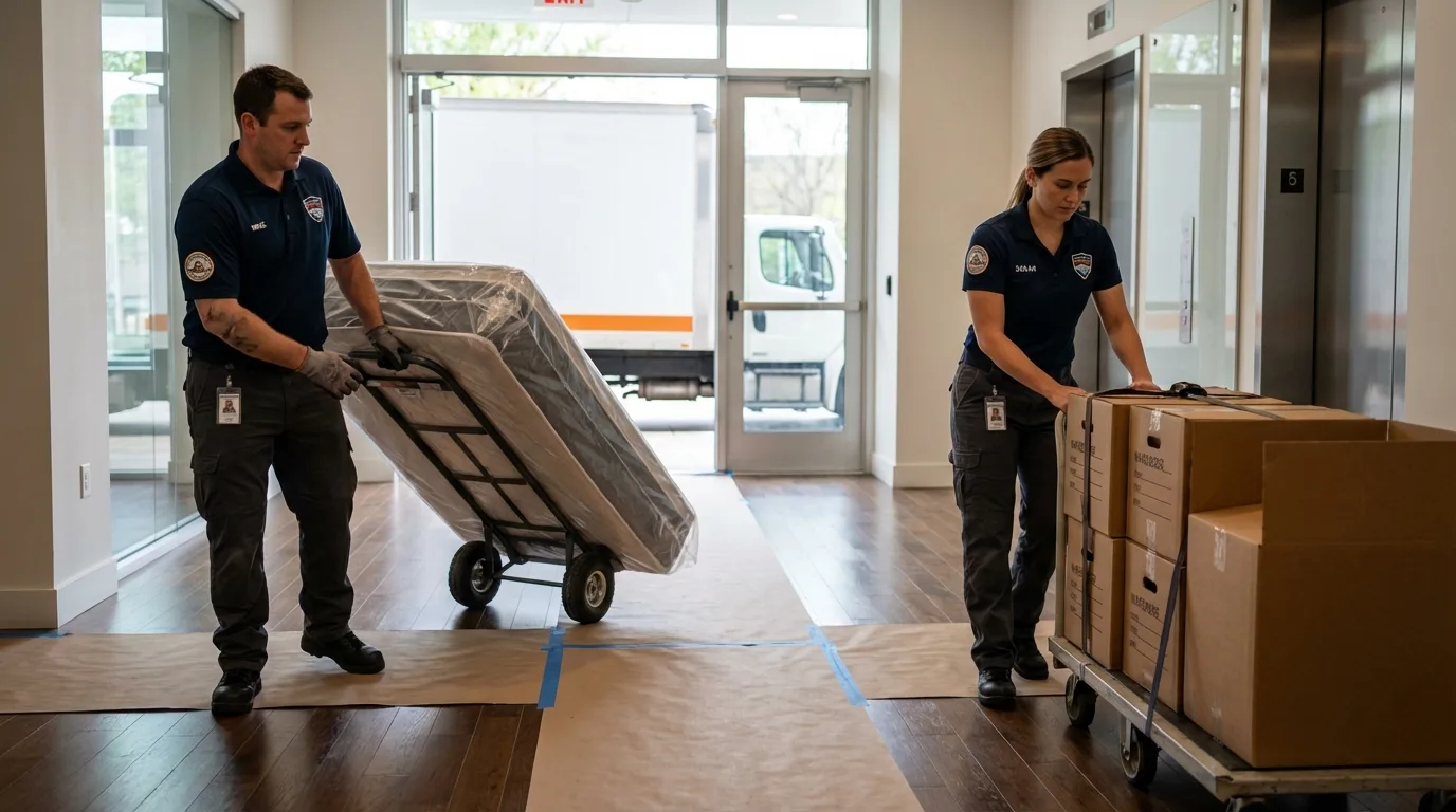 Professional apartment movers loading elevator in Bradner, OH